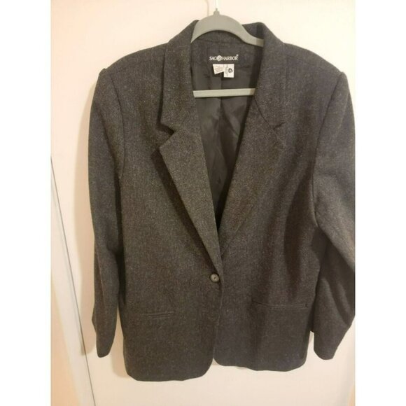 Sag Harbor Wool Blend Blazer Women Size 18 Dark Gray Black One Button Office Y2K - Picture 1 of 7